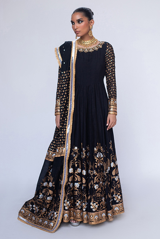 Black Gold Embroidered Georgette Anarkali Dress (3-Piece) - Image 1
