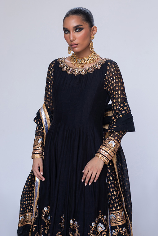 Black Gold Embroidered Georgette Anarkali Dress (3-Piece) - Image 2