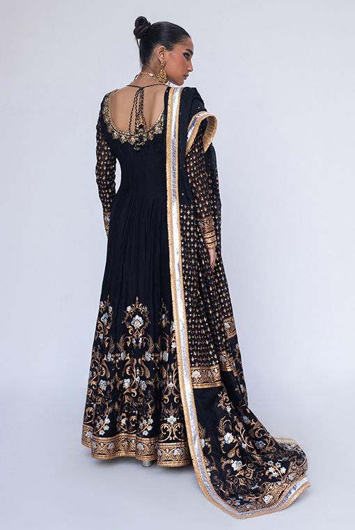 Black Gold Embroidered Georgette Anarkali Dress (3-Piece) - Image 3