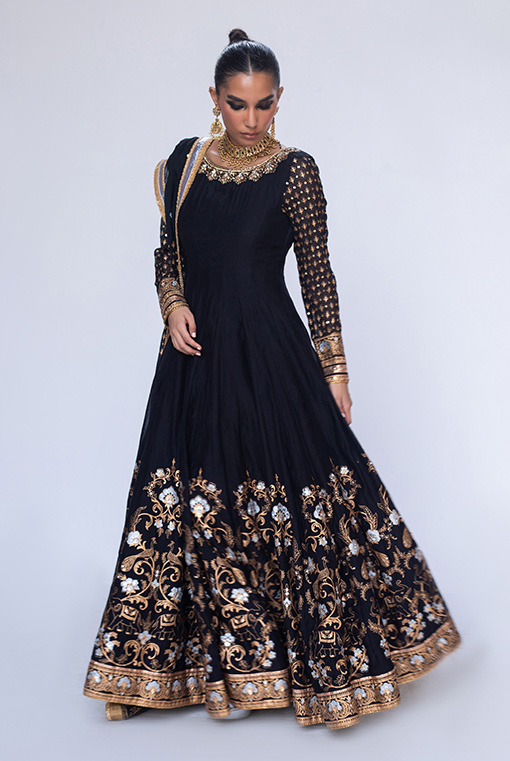 Black Gold Embroidered Georgette Anarkali Dress (3-Piece) - Image 4