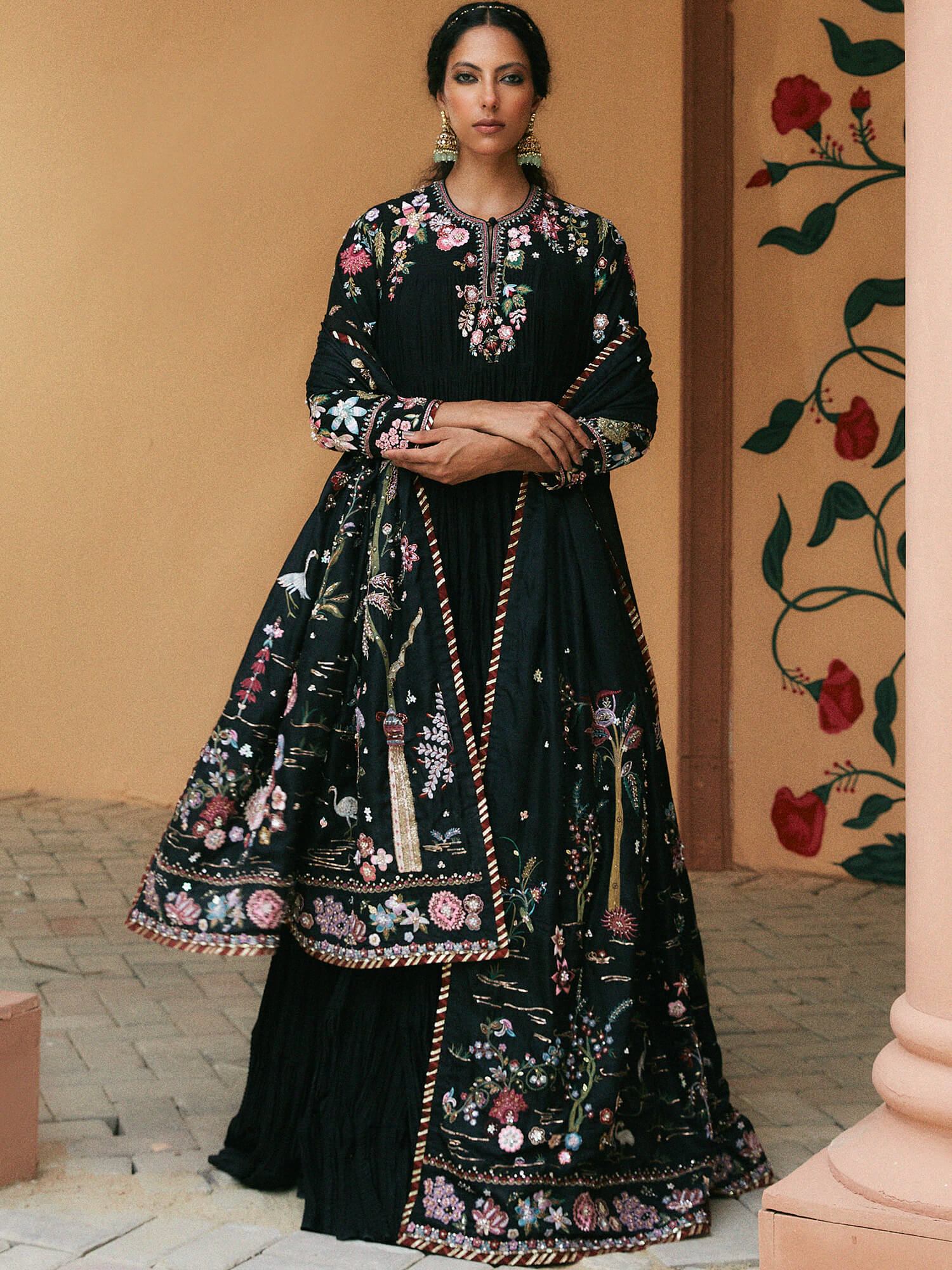Pakistani Black Embroidered Khaddi Silk Anarkali Dress (2-Piece) - Image 1