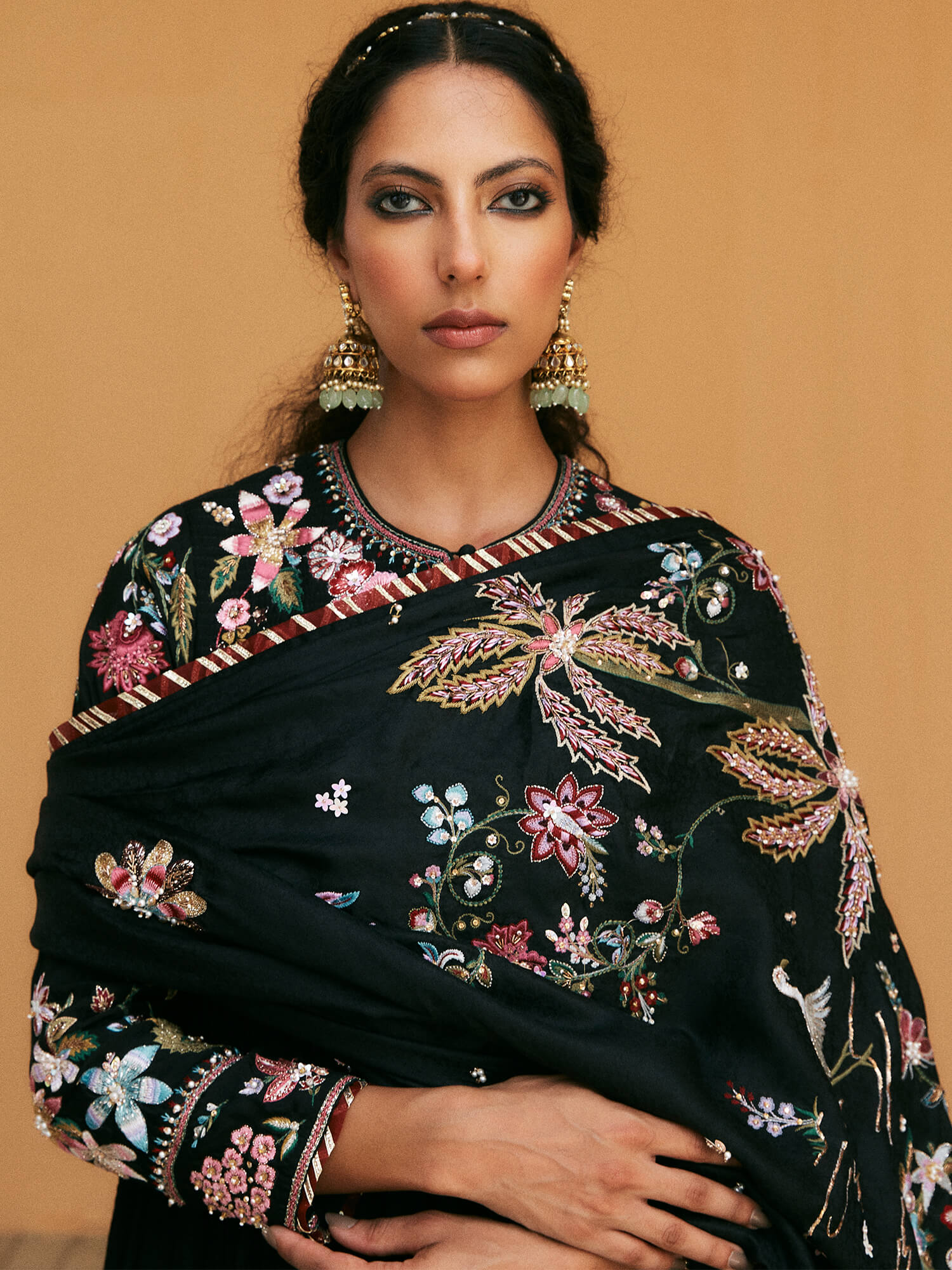 Pakistani Black Embroidered Khaddi Silk Anarkali Dress (2-Piece) - Image 2