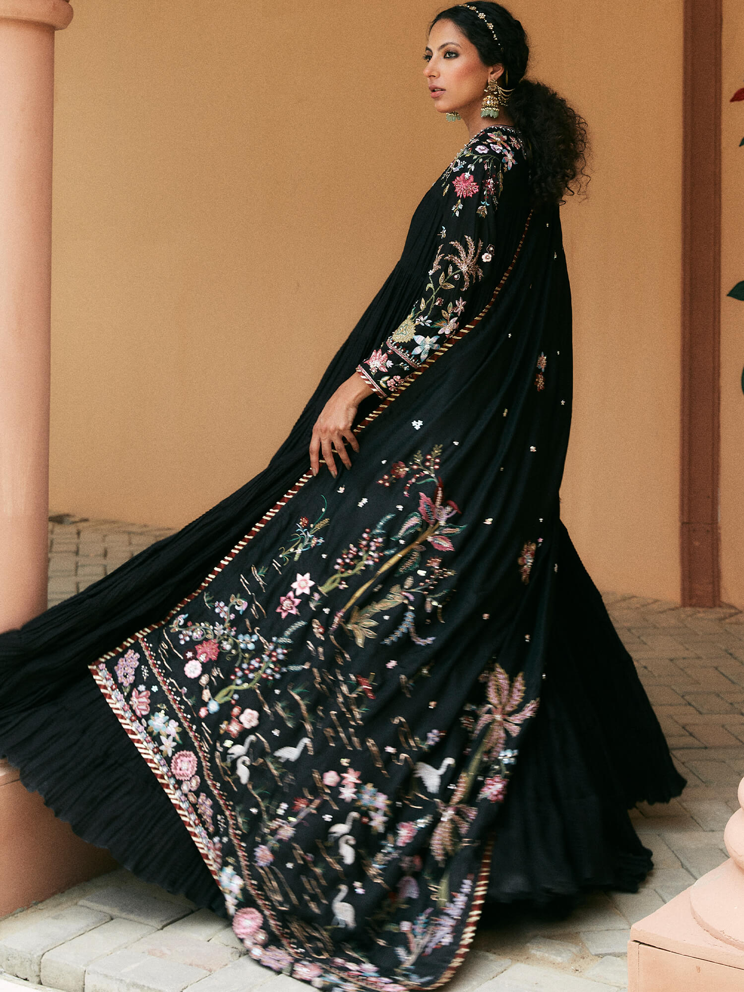 Pakistani Black Embroidered Khaddi Silk Anarkali Dress (2-Piece) - Image 3