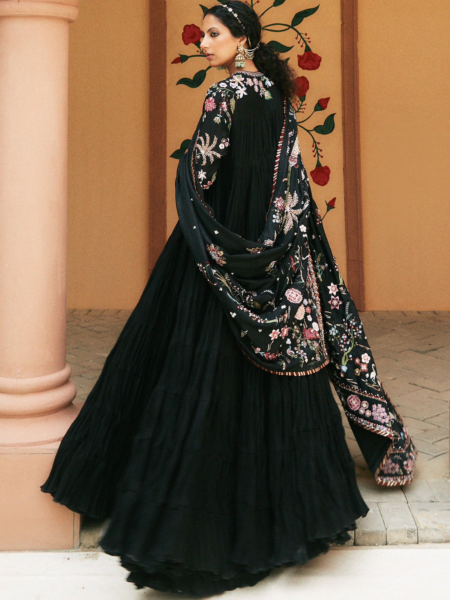 Pakistani Black Embroidered Khaddi Silk Anarkali Dress (2-Piece) - Image 4