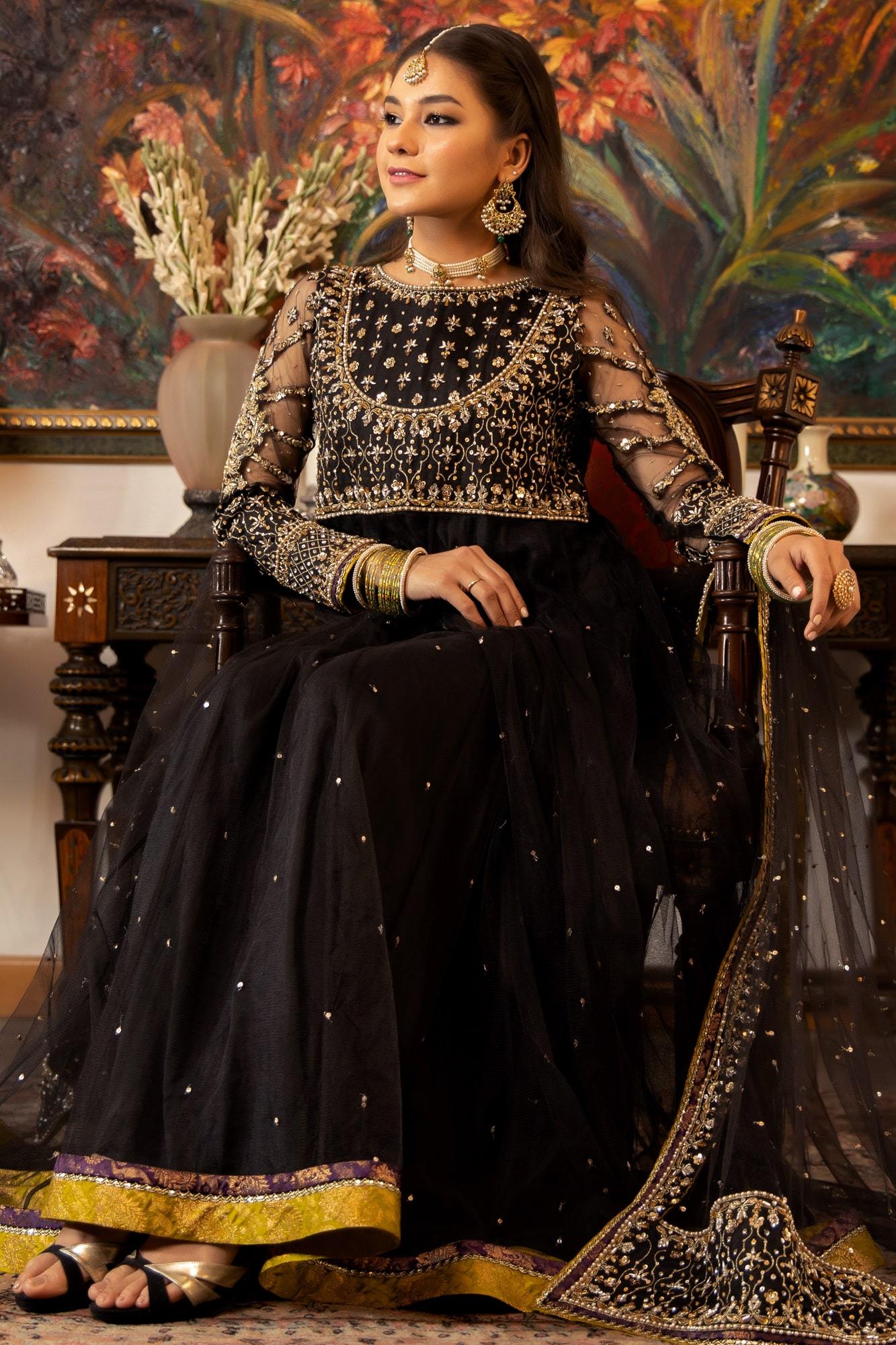 Black Kora Dabka Net Anarkali Dress (3-Piece) - Image 6