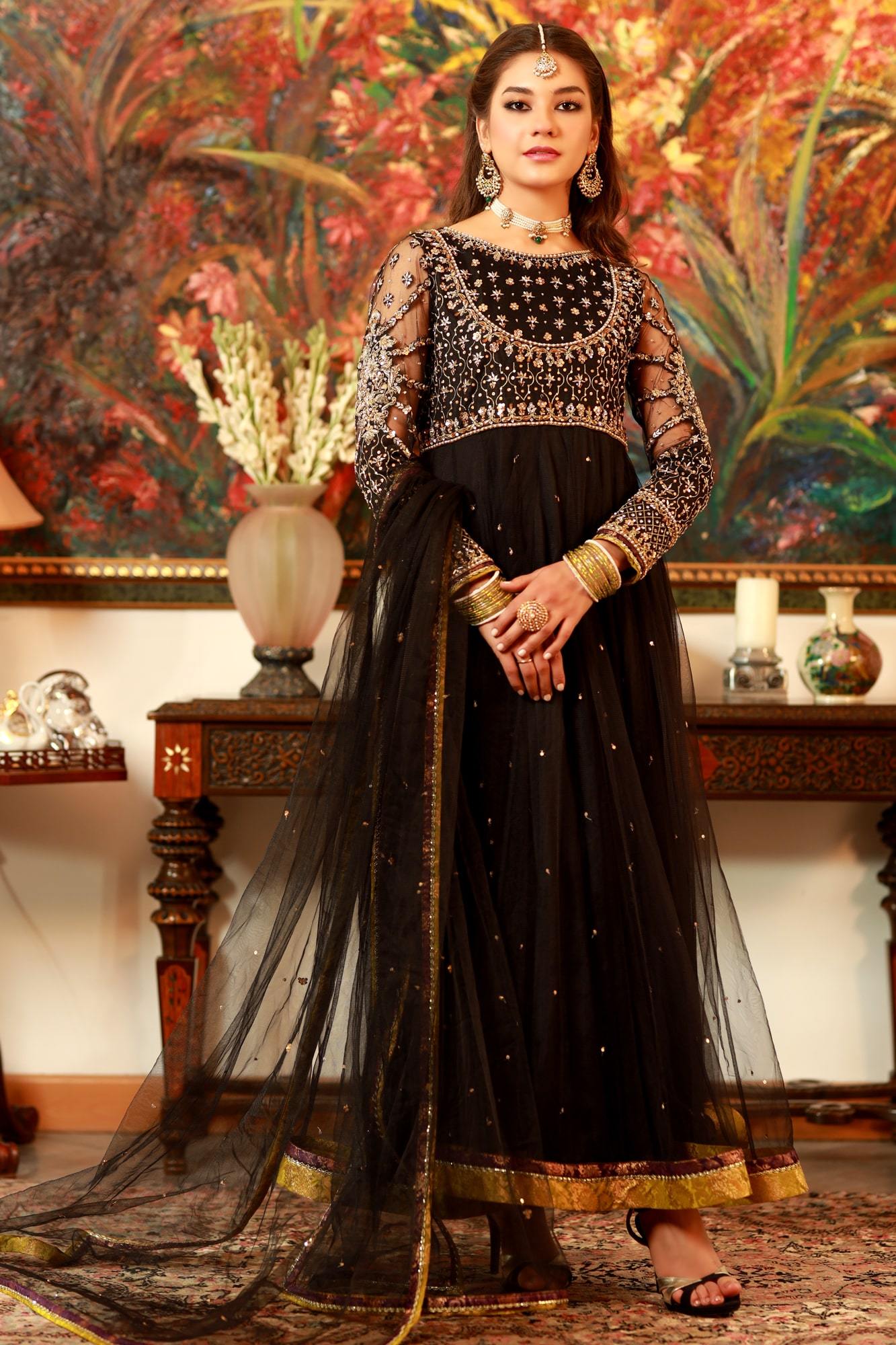 Pakistani Black Hand-Embellished Net & Raw Silk Anarkali (3-Piece) - Image 2