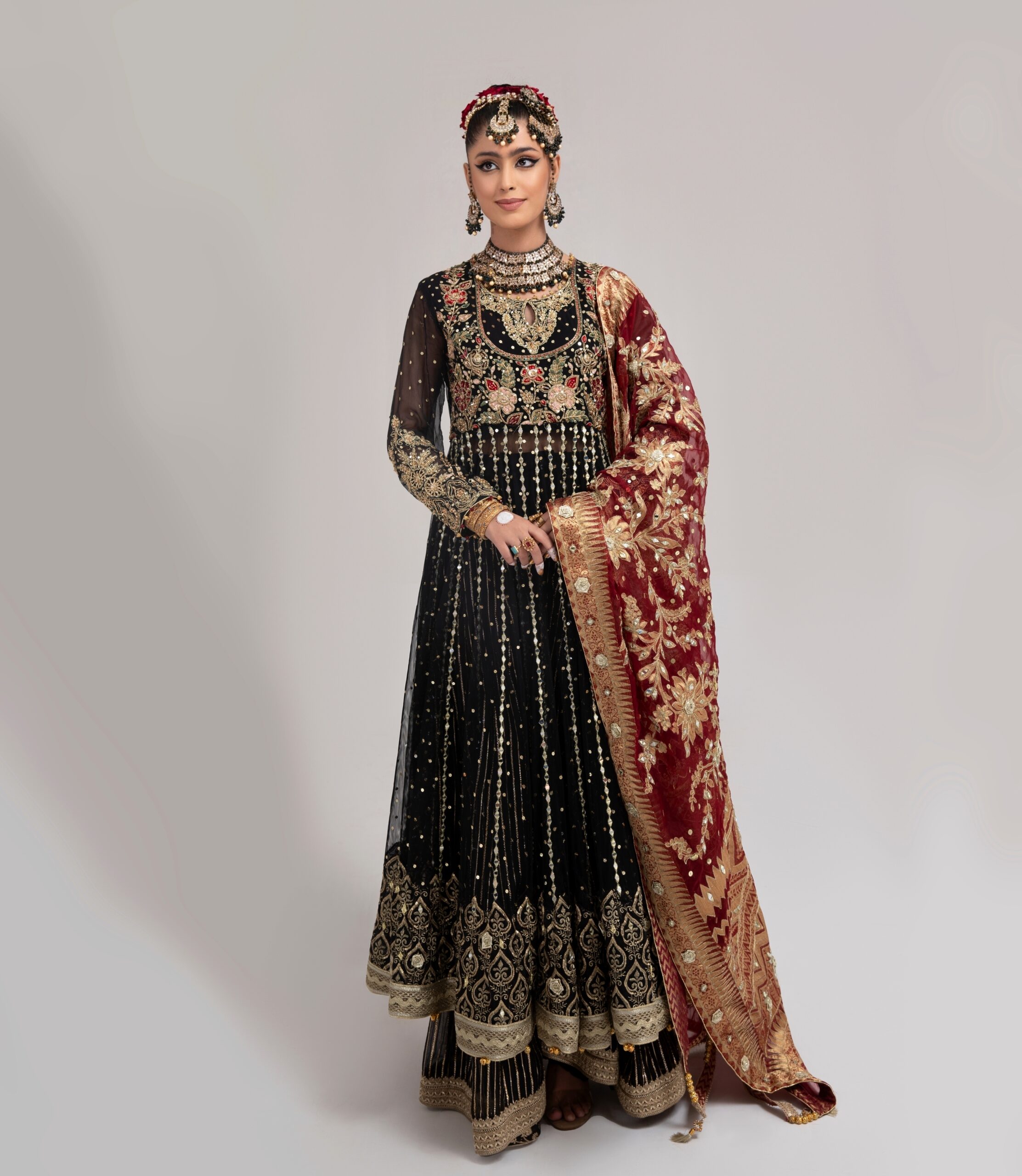 Pakistani Black Zardozi Embroidered Net Bridal Anarkali Gown (2-Piece) - Image 1