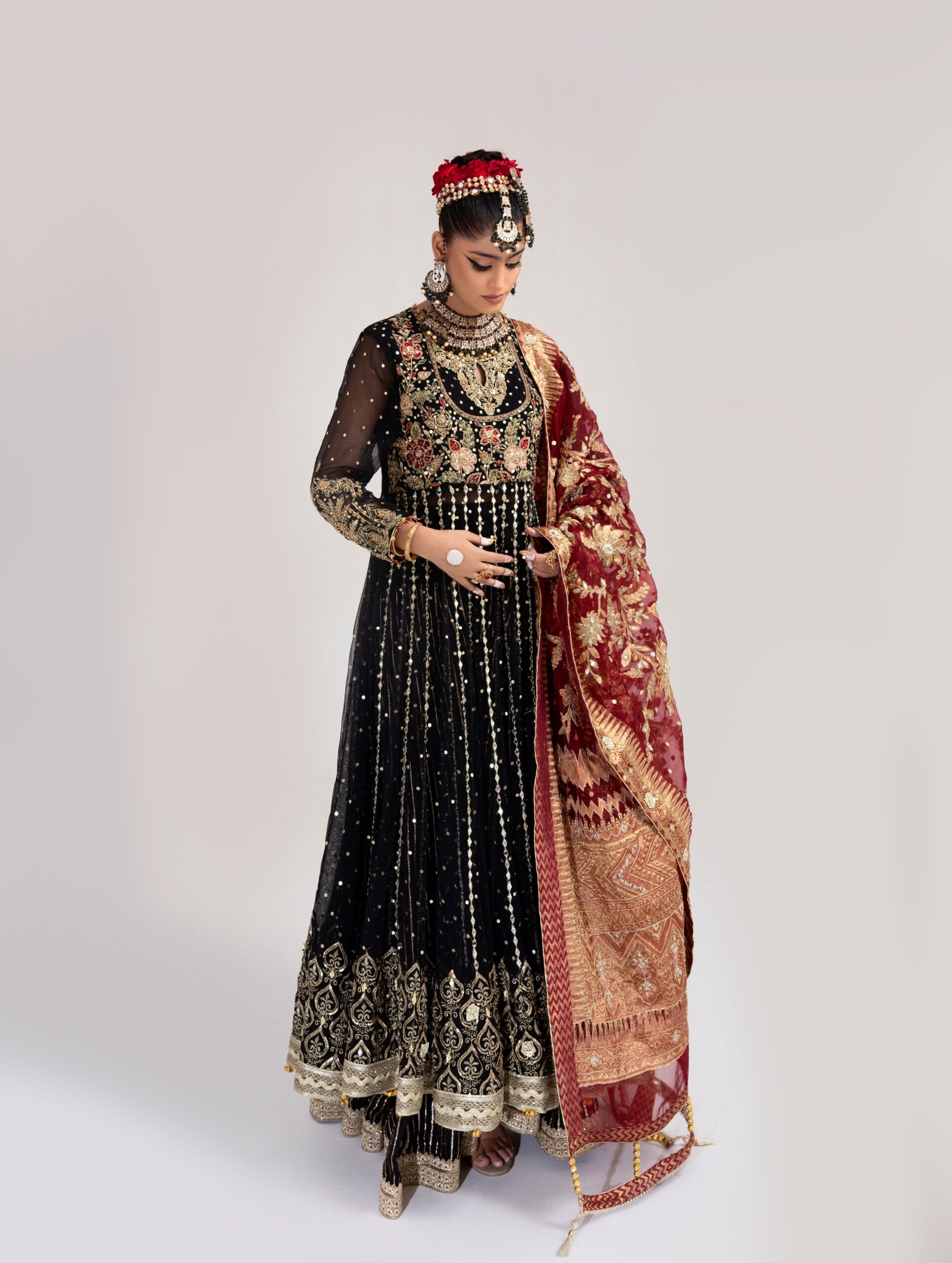 Pakistani Black Zardozi Embroidered Net Bridal Anarkali Gown (2-Piece) - Image 2