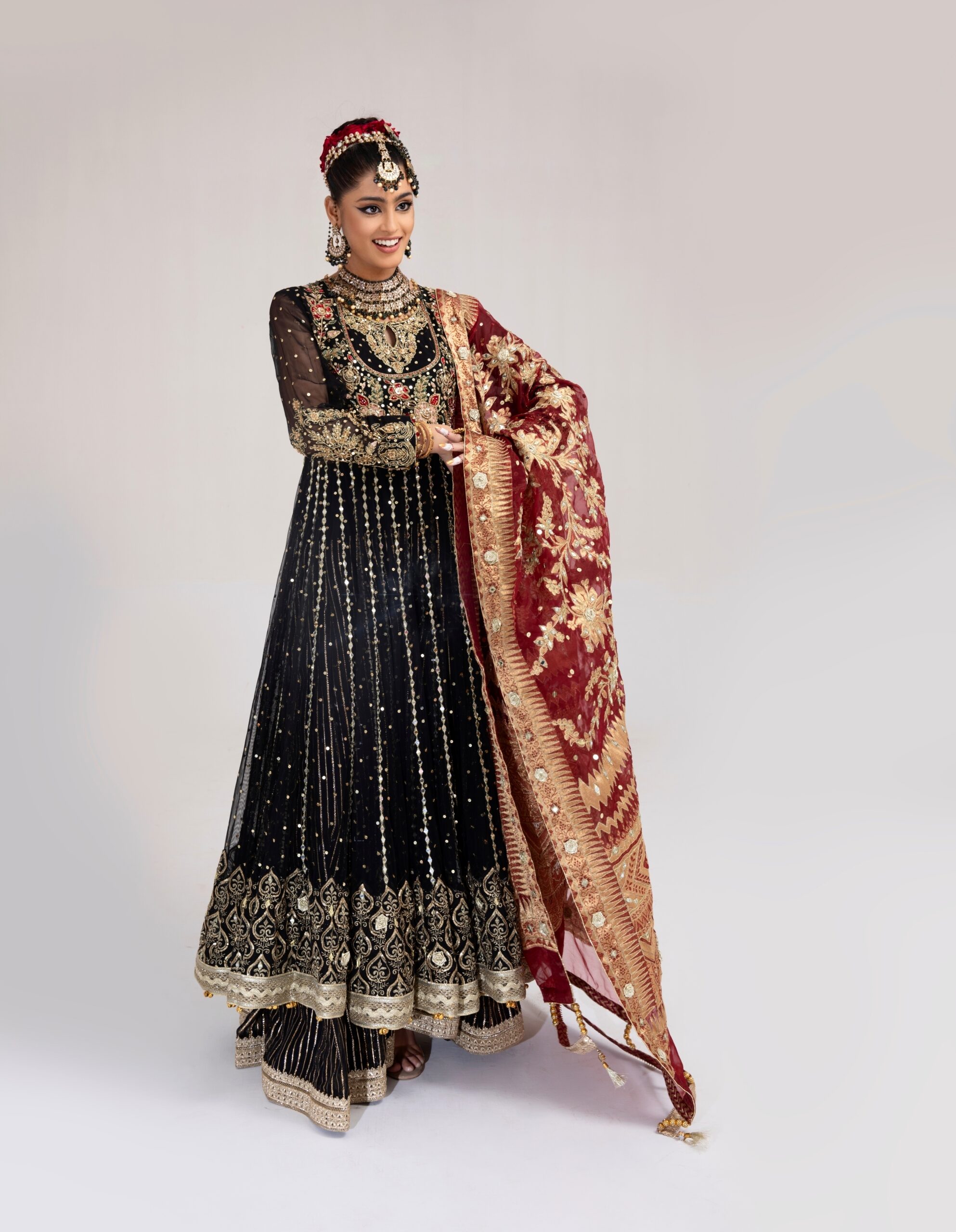 Pakistani Black Zardozi Embroidered Net Bridal Anarkali Gown (2-Piece) - Image 3