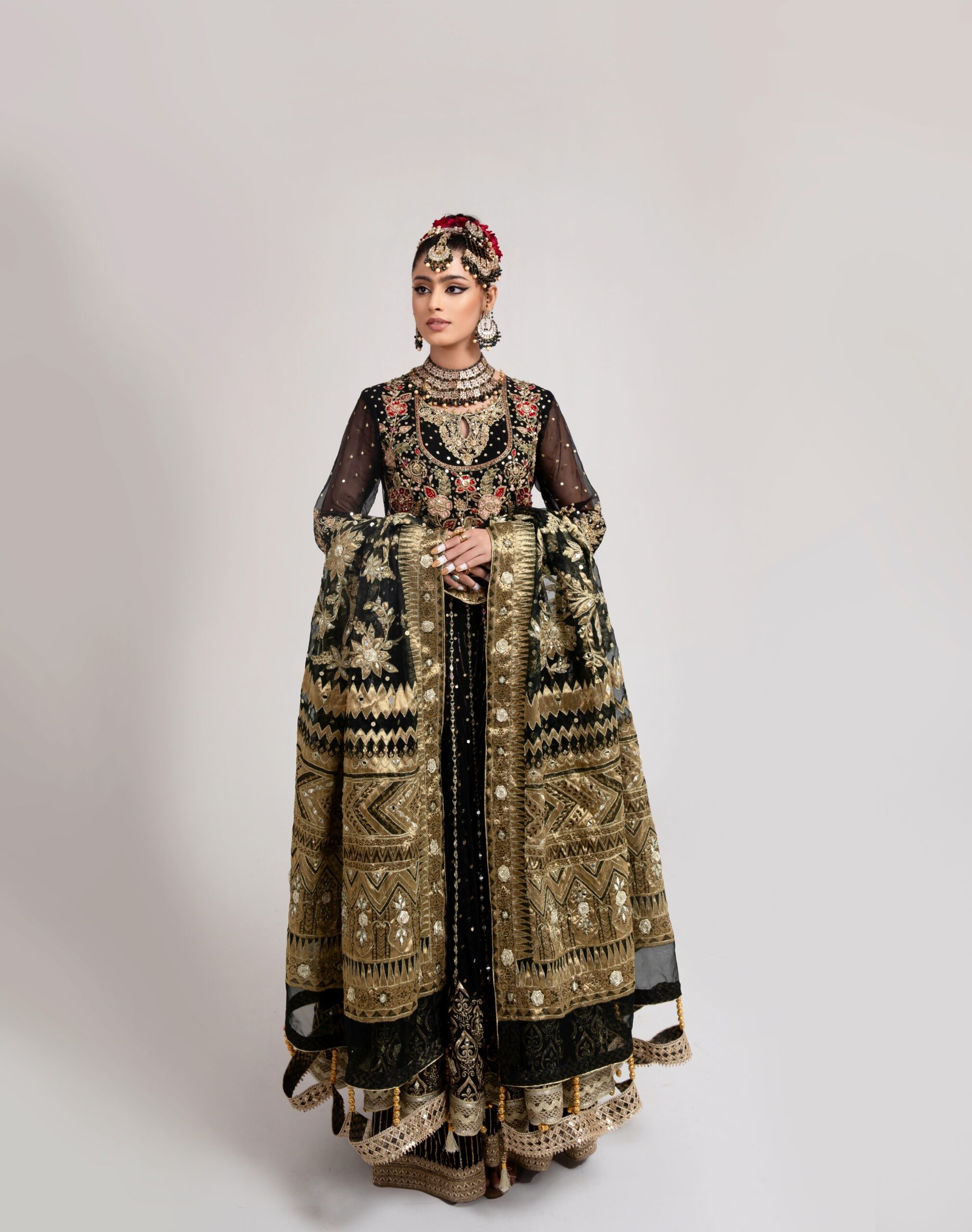 Pakistani Black Gold Embroidered Net Anarkali Bridal Gown (2-Piece) - Image 1