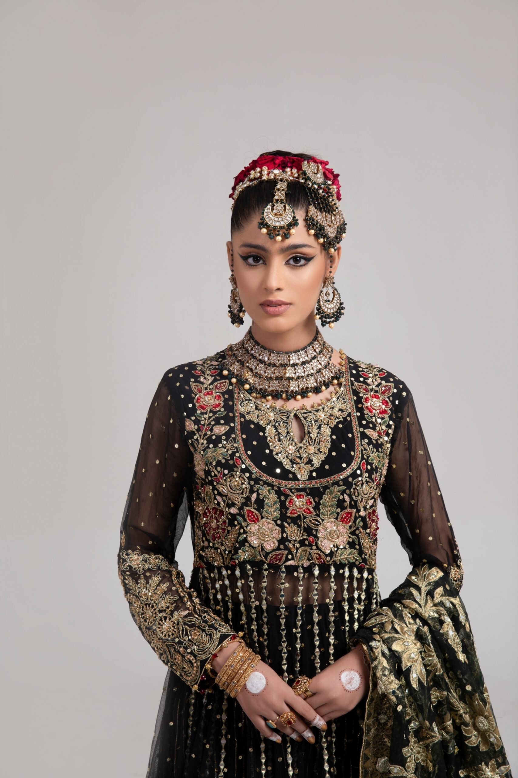 Pakistani Black Gold Embroidered Net Anarkali Bridal Gown (2-Piece) - Image 2