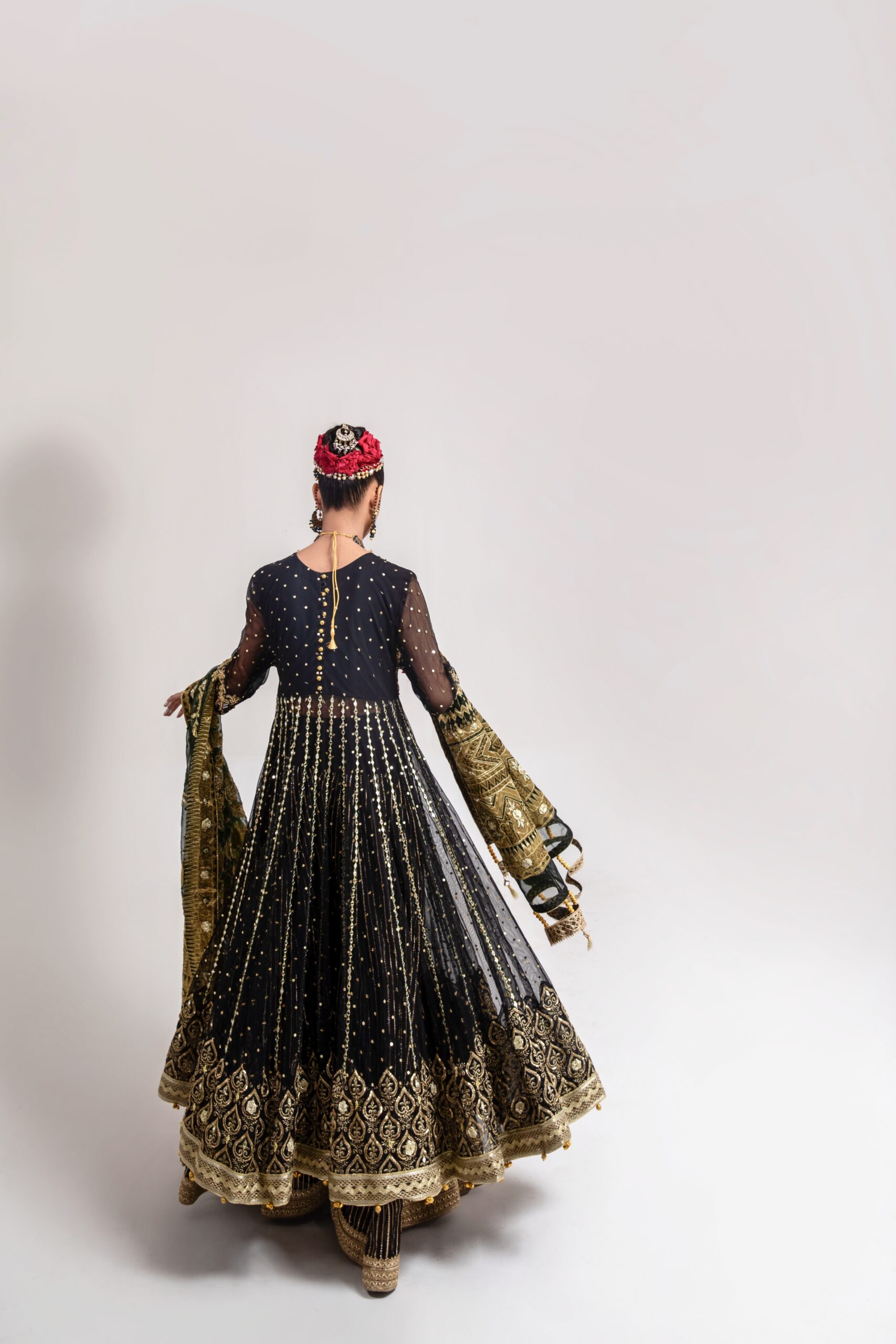 Pakistani Black Gold Embroidered Net Anarkali Bridal Gown (2-Piece) - Image 4