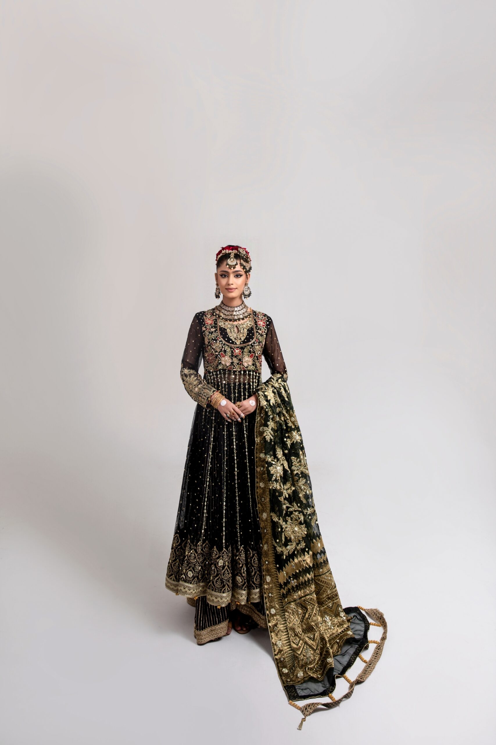Pakistani Black Gold Embroidered Net Anarkali Bridal Gown (2-Piece) - Image 5