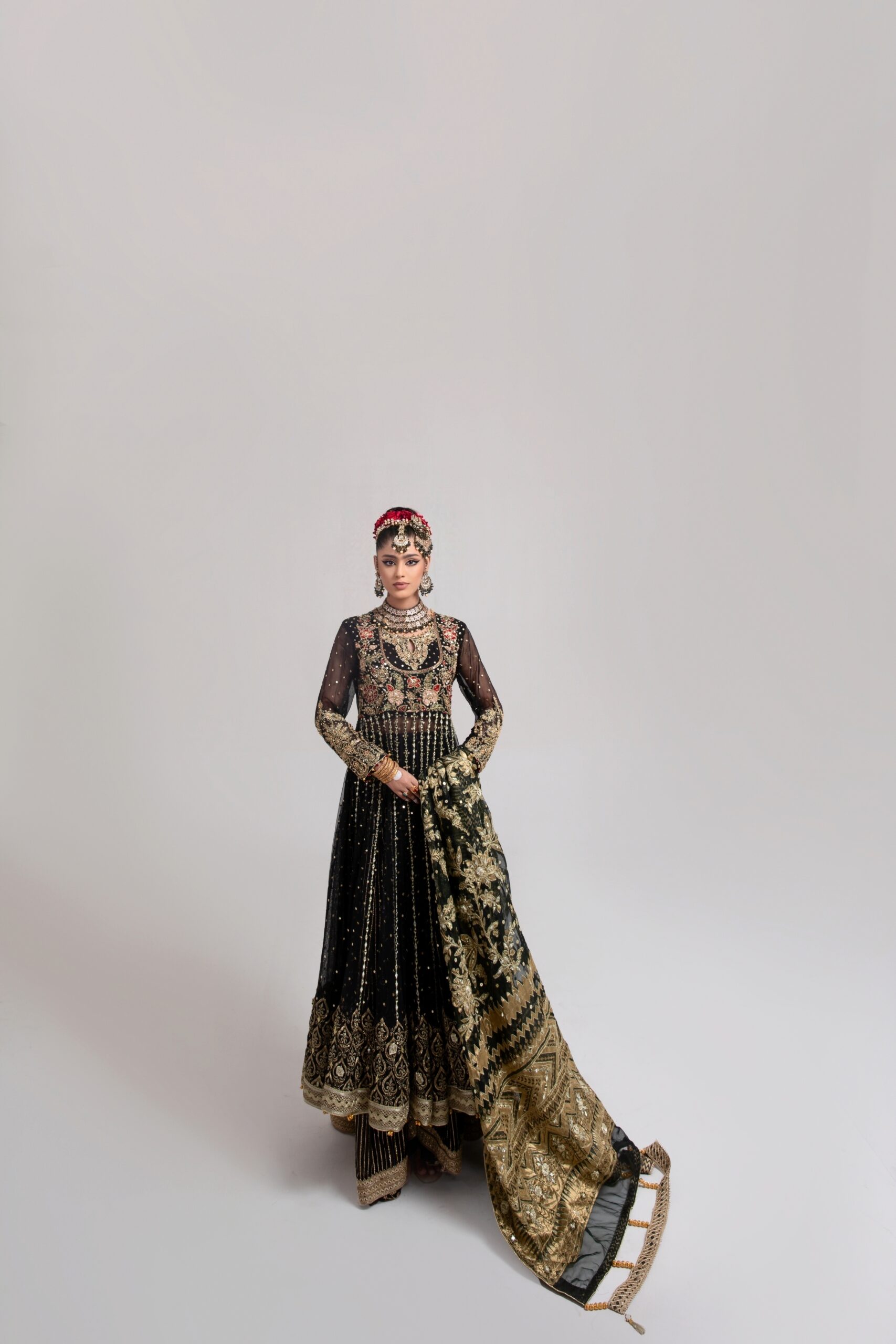 Pakistani Black Gold Embroidered Net Anarkali Bridal Gown (2-Piece) - Image 6