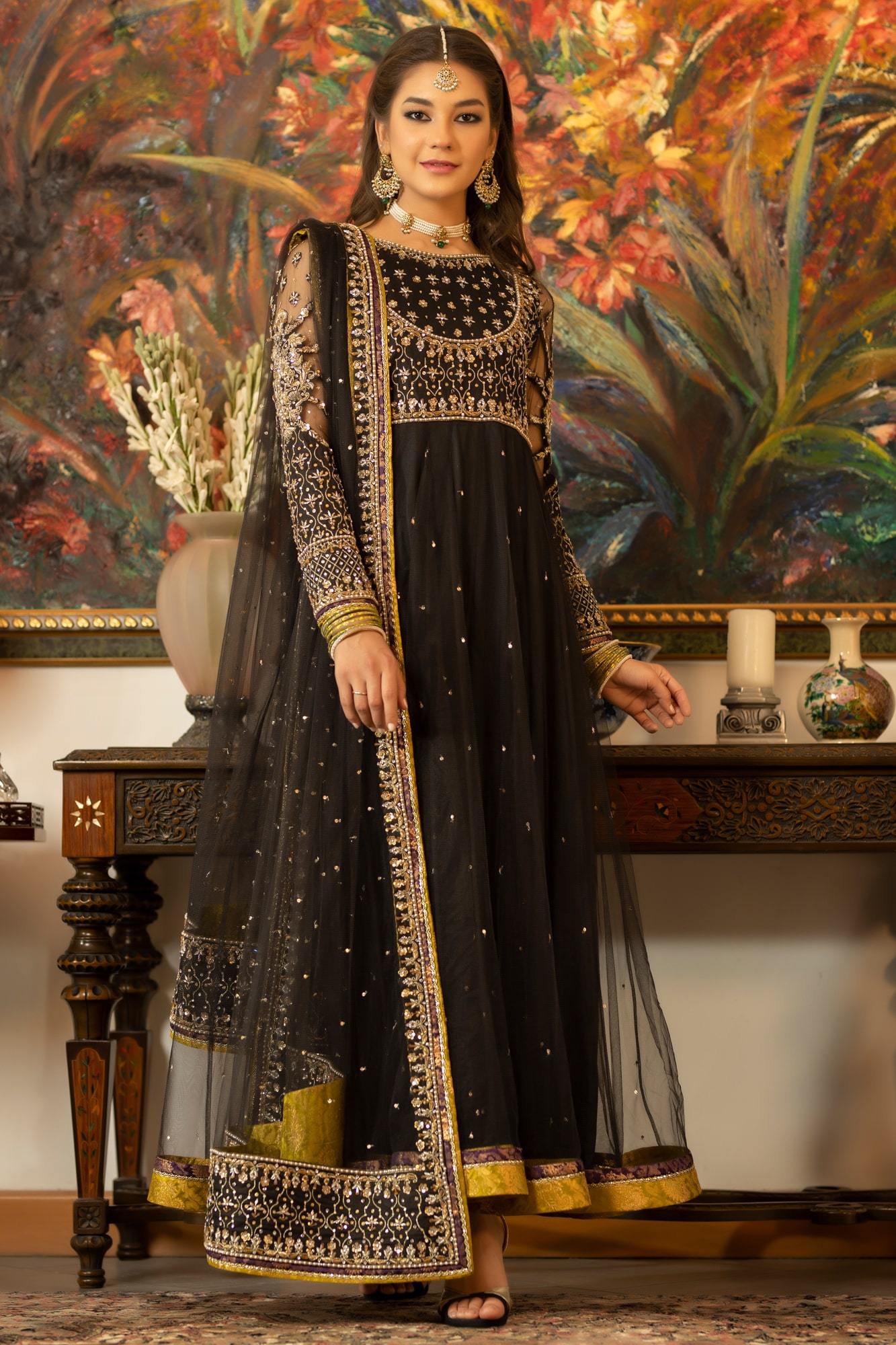 Black Kora Dabka Net & Raw Silk Anarkali (3-Piece) - Image 2