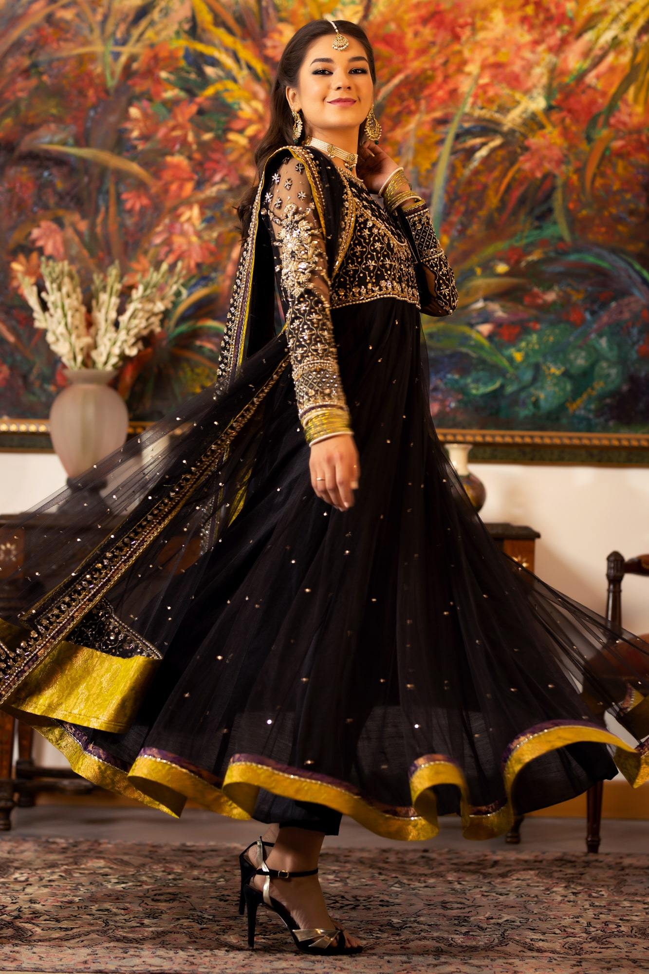 Black Kora Dabka Net & Silk Anarkali (3-Piece) - Image 3