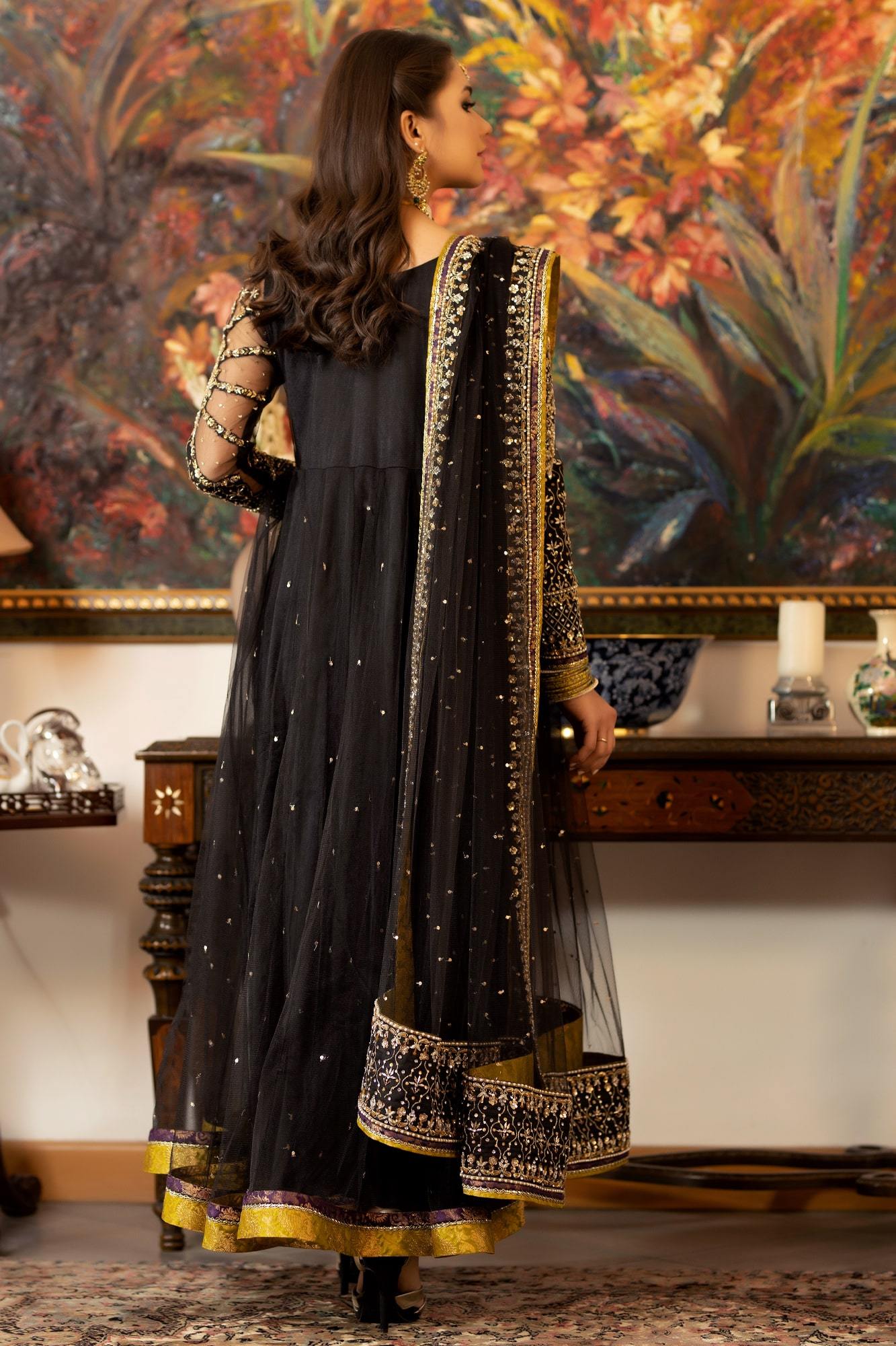 Black Kora Dabka Net & Silk Anarkali (3-Piece) - Image 5