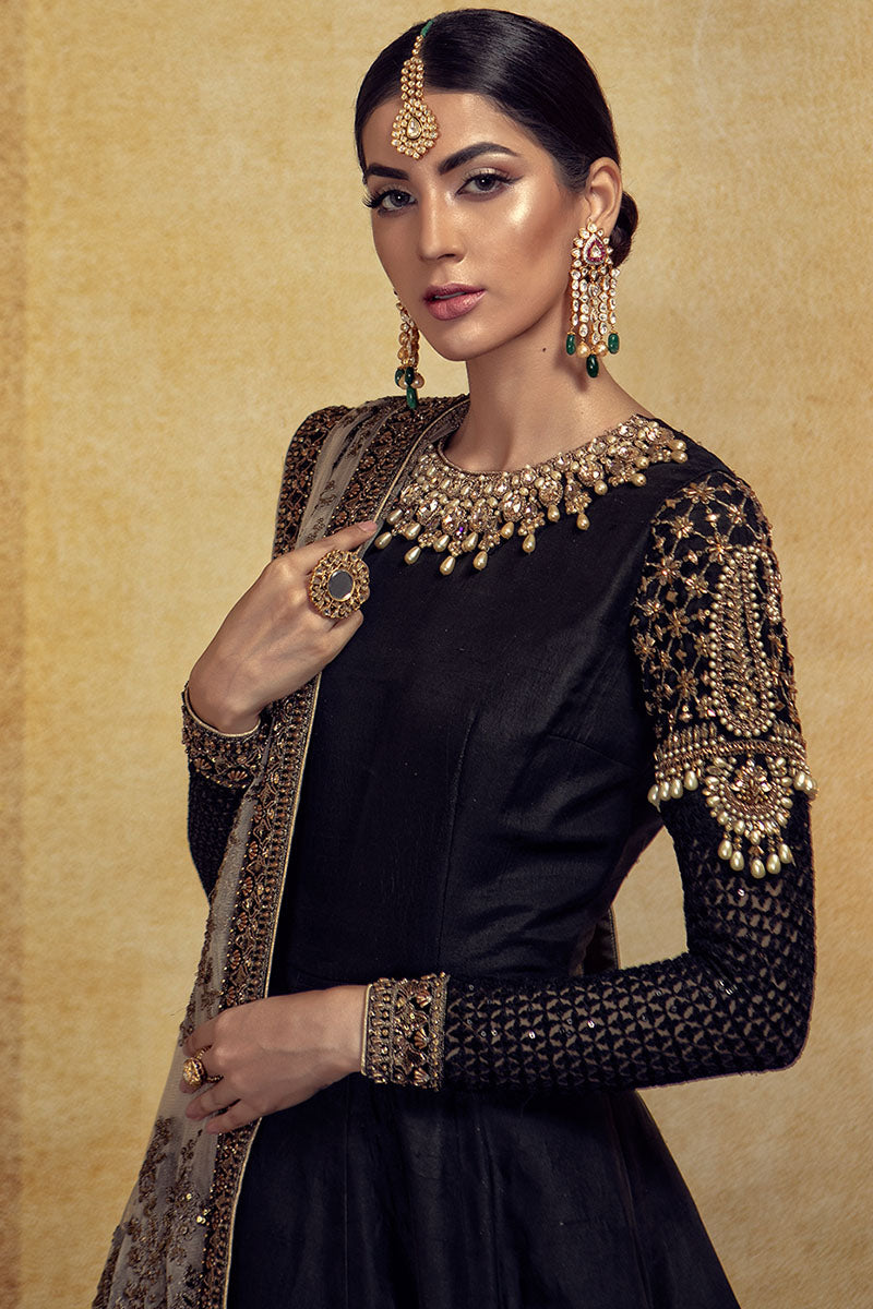 Black & Beige Embroidered Silk Anarkali Dress (2-Piece) - Image 3
