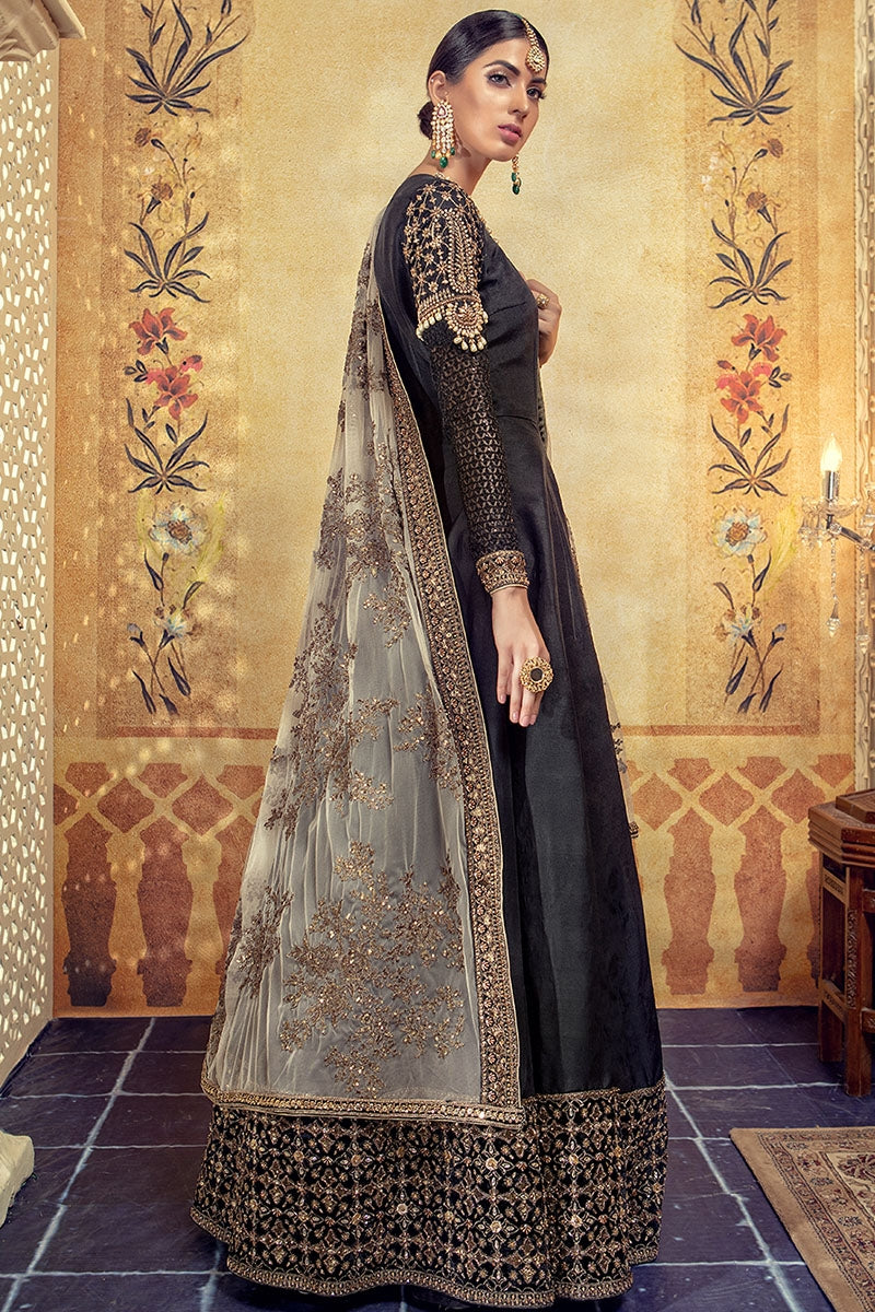 Black & Beige Embroidered Silk Anarkali Dress (2-Piece) - Image 5
