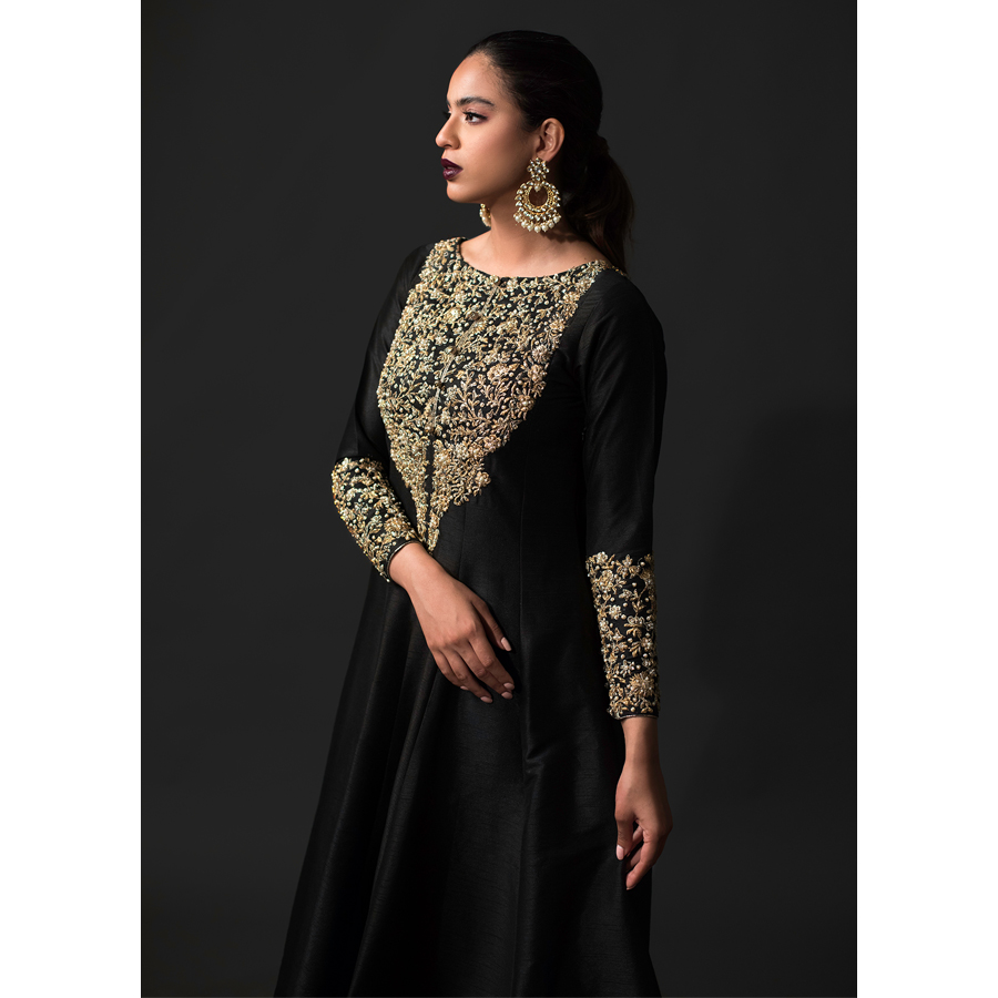 Black Gota Tilla Silk-Blend Anarkali Dress (2-Piece) - Image 1