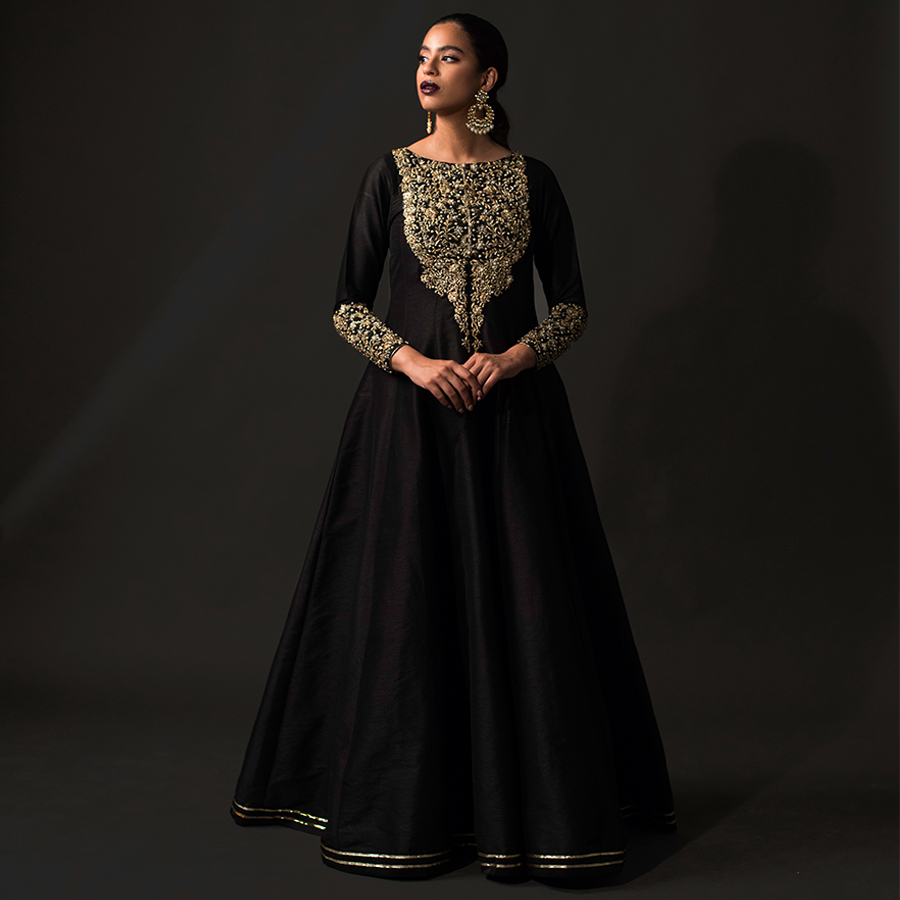 Black Gota Tilla Silk-Blend Anarkali Dress (2-Piece) - Image 2
