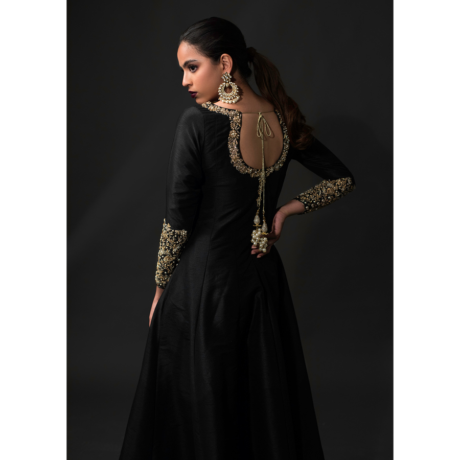 Black Gota Tilla Silk-Blend Anarkali Dress (2-Piece) - Image 3
