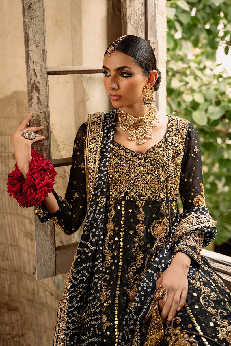 Pakistani Black & Gold Embellished Net Angharka Kalidar (3-Piece) - Image 2