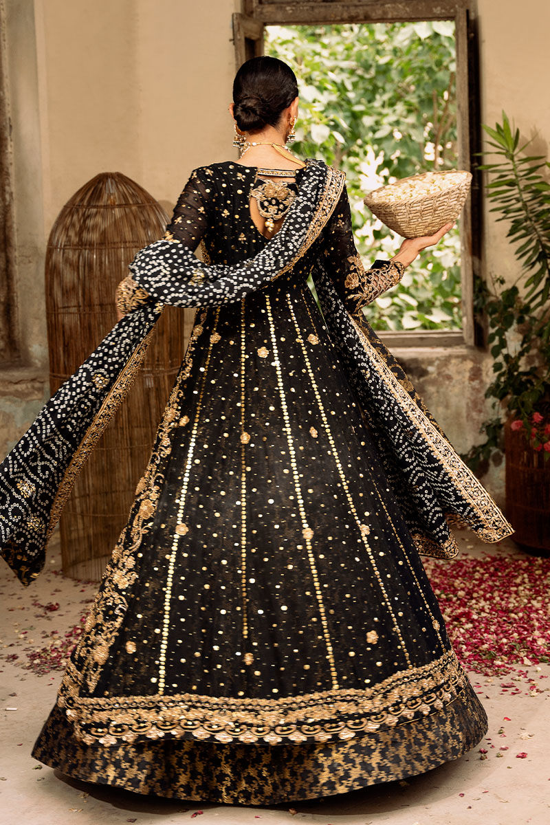 Pakistani Black & Gold Embellished Net Angharka Kalidar (3-Piece) - Image 3
