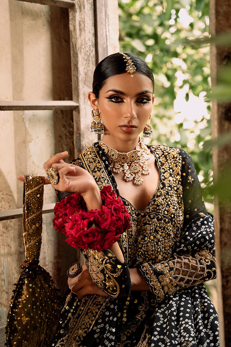 Pakistani Black & Gold Embellished Net Angharka Kalidar (3-Piece) - Image 7