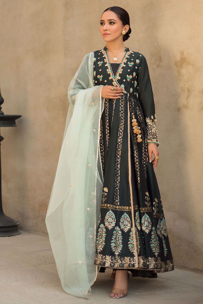 Black Zardozi Resham Khaddi Net Angharkha (3-Piece) - Image 1