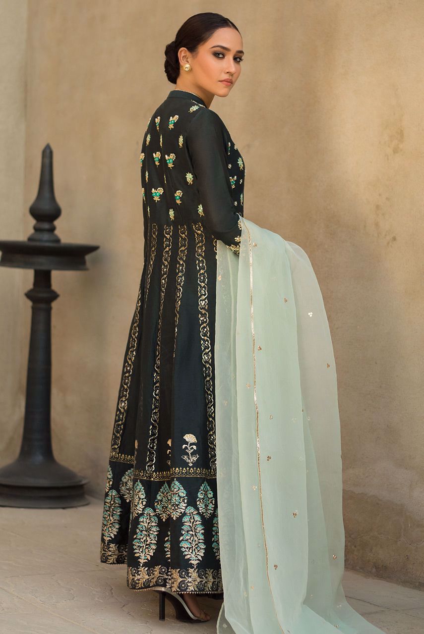 Black Zardozi Resham Khaddi Net Angharkha (3-Piece) - Image 3