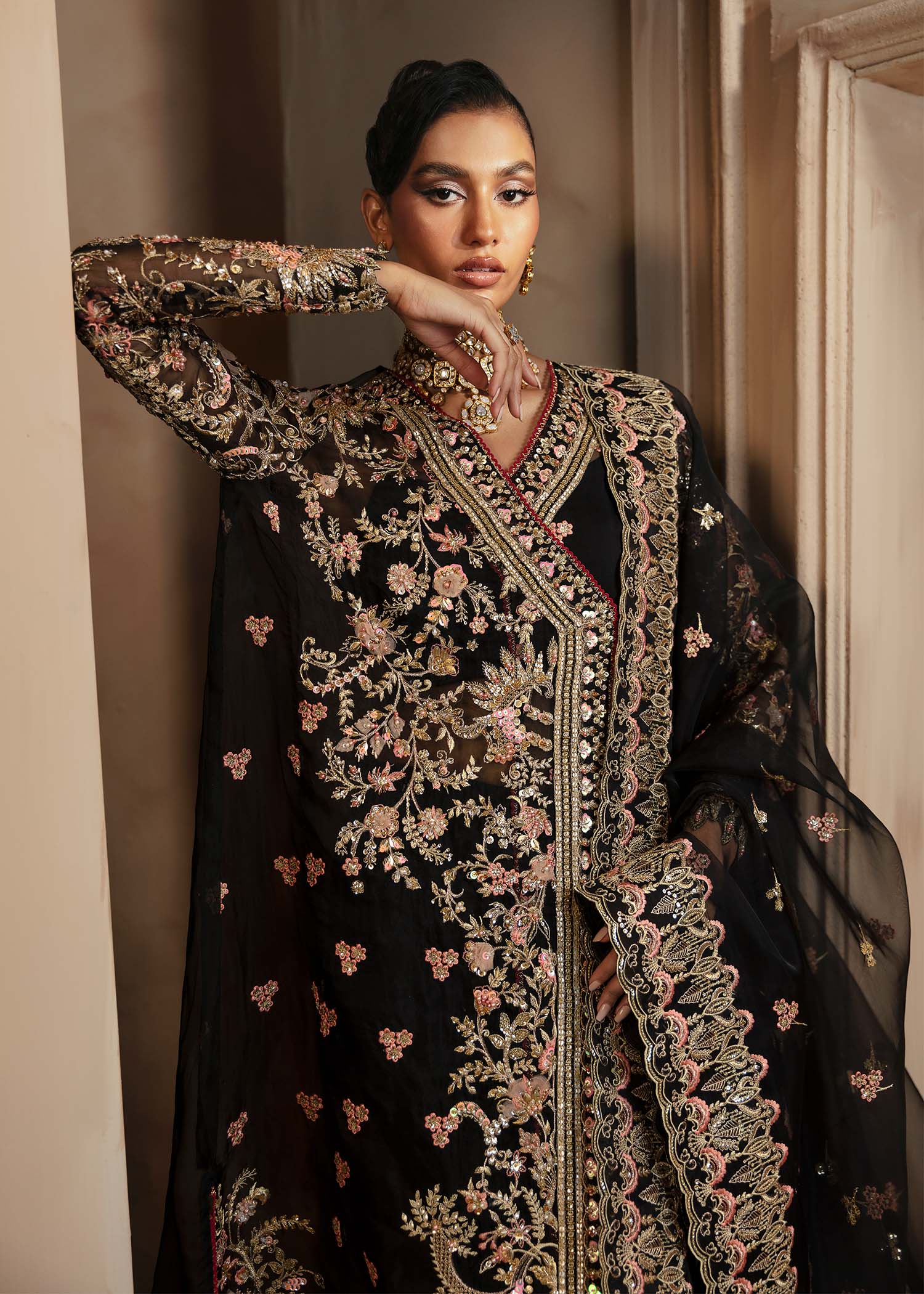Pakistani Black Hand-Embellished Organza Angrakha (3-Piece) - Image 2