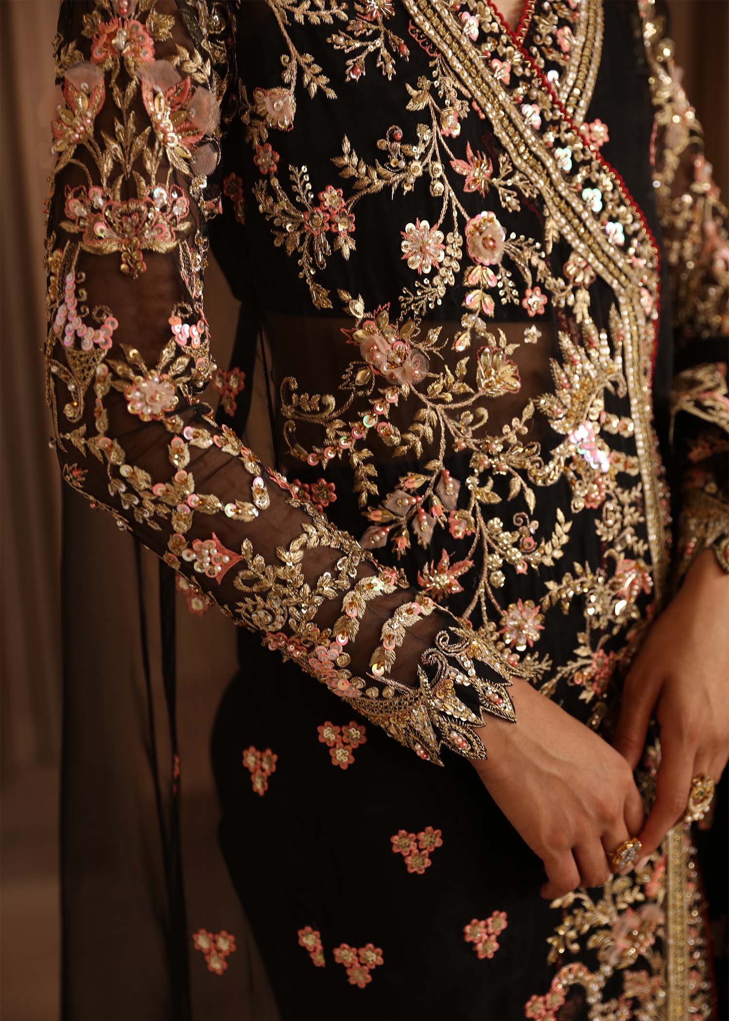 Pakistani Black Hand-Embellished Organza Angrakha (3-Piece) - Image 7