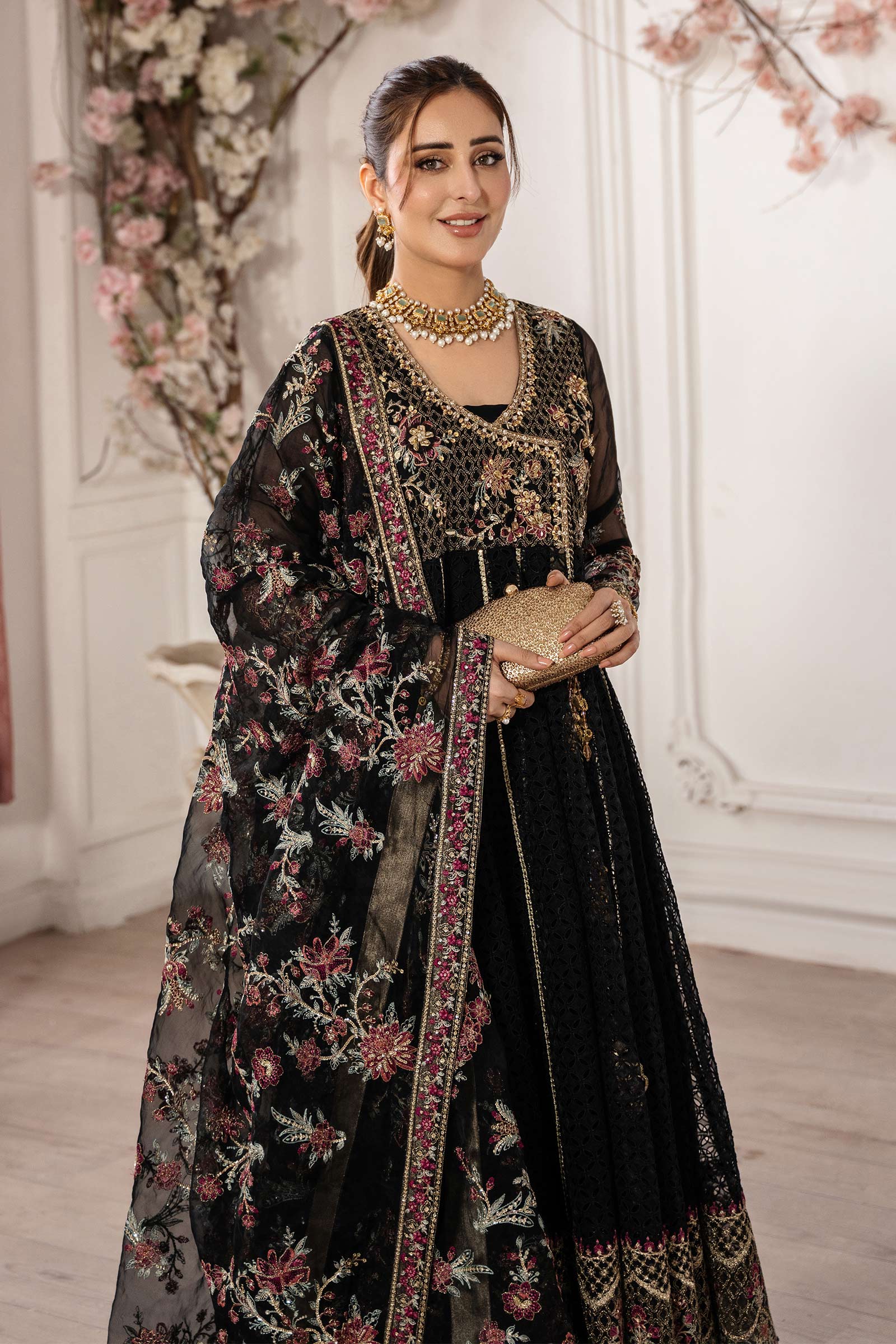 Black Embroidered Organza Angrakha Dress (3-Piece) - Image 1