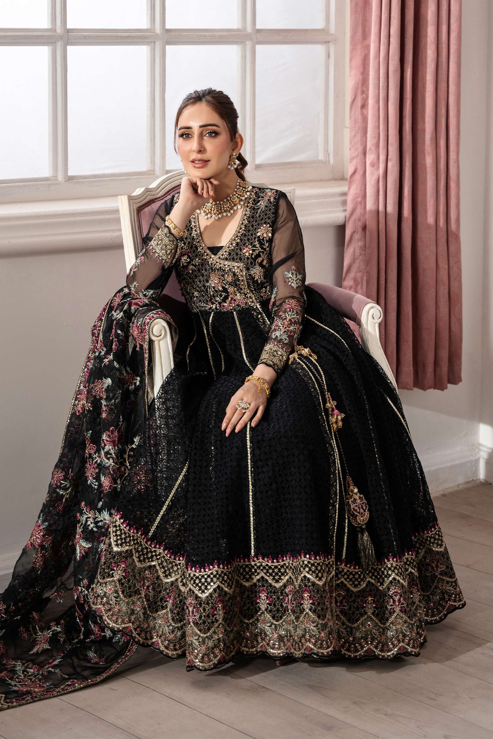 Black Embroidered Organza Angrakha Dress (3-Piece) - Image 3