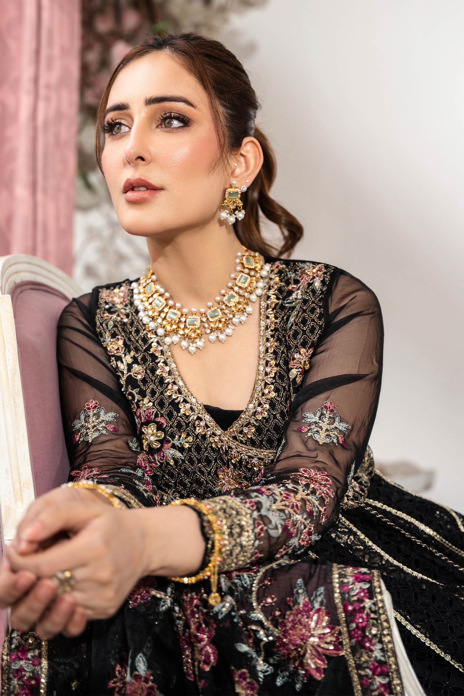 Black Embroidered Organza Angrakha Dress (3-Piece) - Image 5