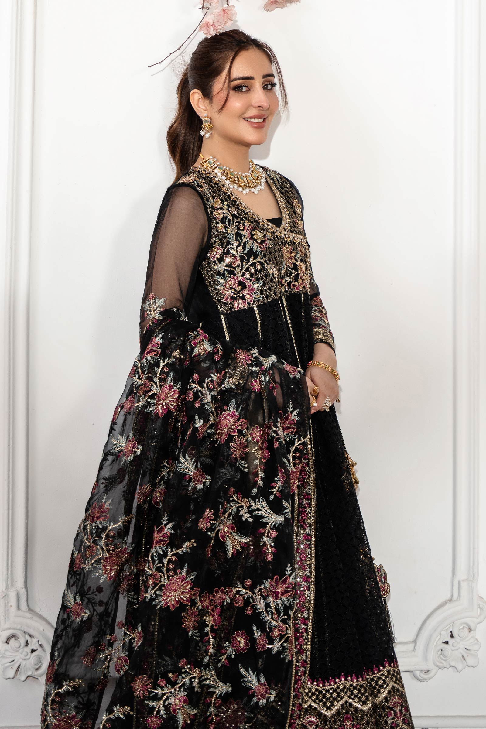 Black Embroidered Organza Angrakha Dress (3-Piece) - Image 6