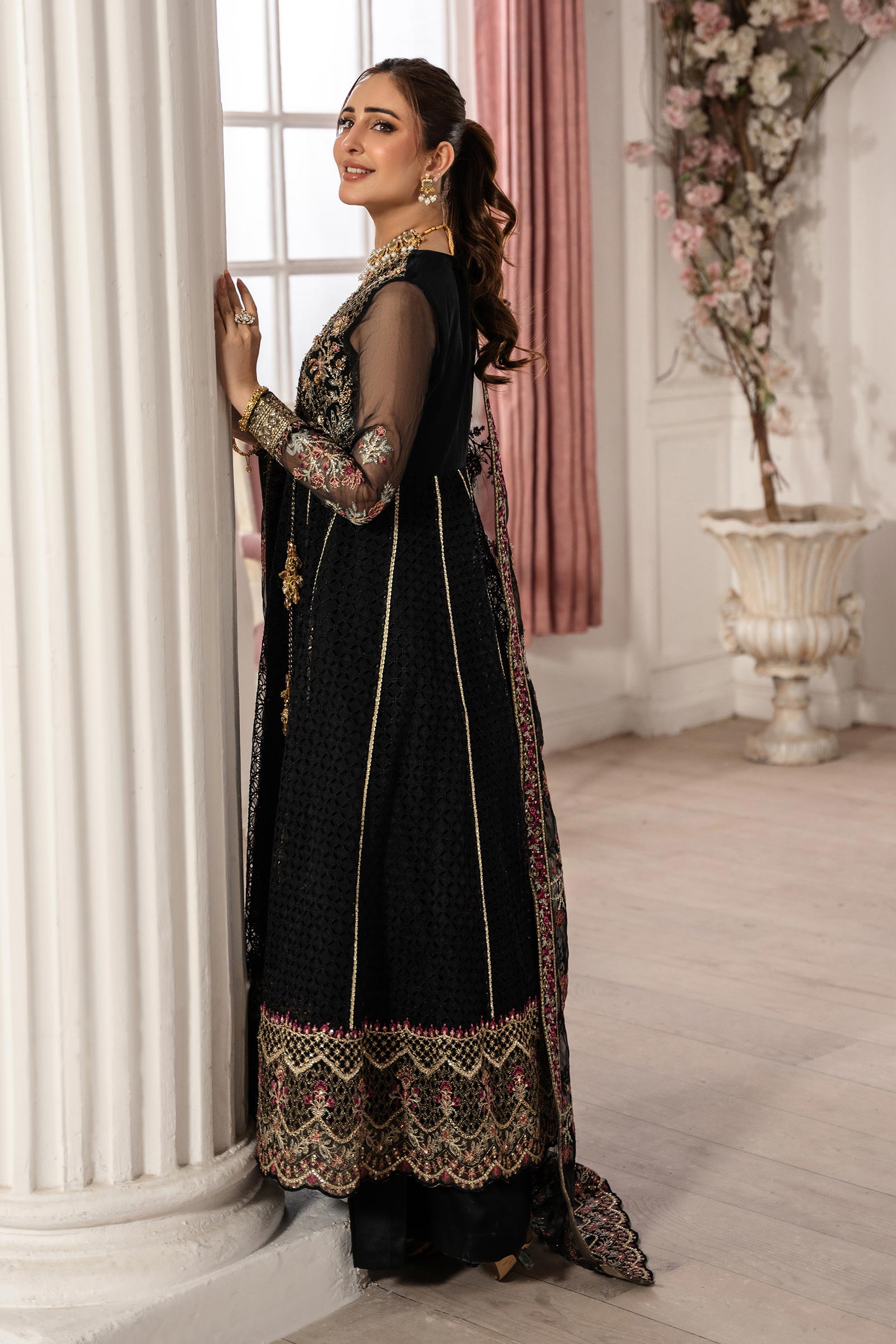 Black Embroidered Organza Angrakha Dress (3-Piece) - Image 7