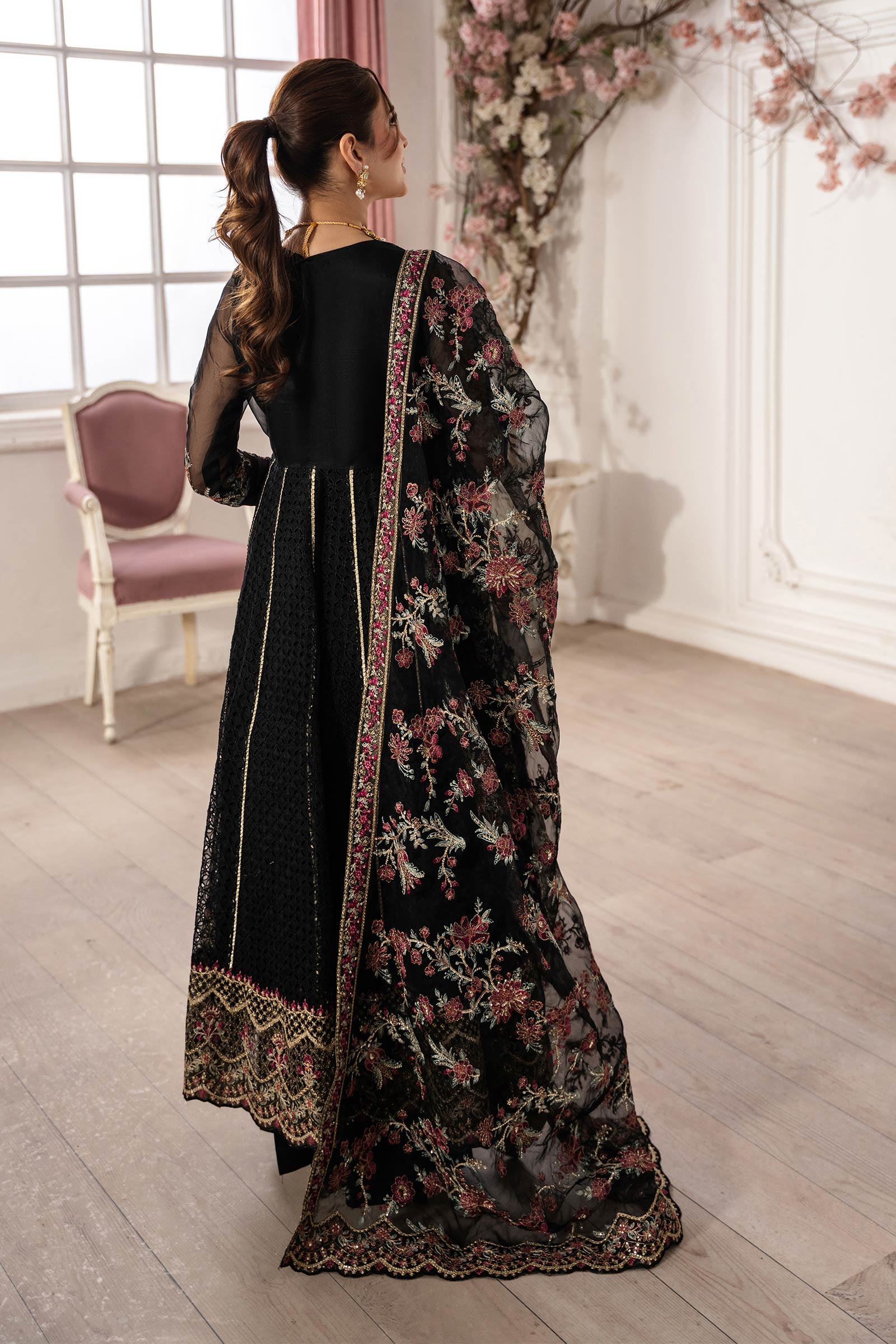 Black Embroidered Organza Angrakha Dress (3-Piece) - Image 8