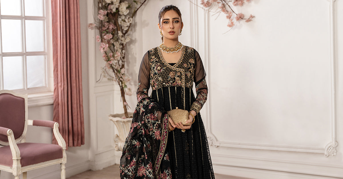Black Embroidered Organza Angrakha Dress (3-Piece) - Image 9