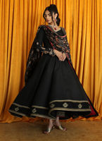Black Gold Embroidered Raw Silk Kalidaar Angharkha (2-Piece) - Image 3