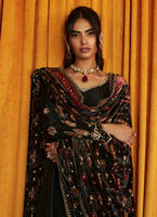 Black Gold Embroidered Raw Silk Kalidaar Angharkha (2-Piece) - Image 6