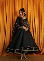 Black Gold Embroidered Raw Silk Kalidaar Angharkha (2-Piece) - Image 7