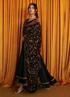 Black Gold Embroidered Raw Silk Kalidaar Angharkha (2-Piece) - Image 8