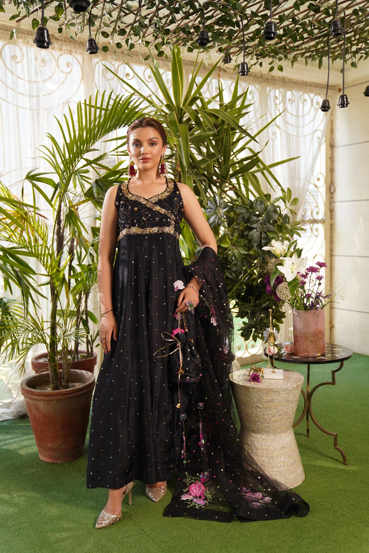 Pakistani Black Embroidered Pure Raw Silk Angrakha Dress (3-Piece) - Image 1