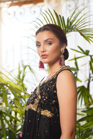 Pakistani Black Embroidered Pure Raw Silk Angrakha Dress (3-Piece) - Image 11