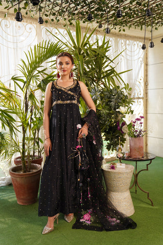 Pakistani Black Embroidered Pure Raw Silk Angrakha Dress (3-Piece) - Image 2