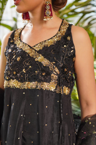 Pakistani Black Embroidered Pure Raw Silk Angrakha Dress (3-Piece) - Image 3