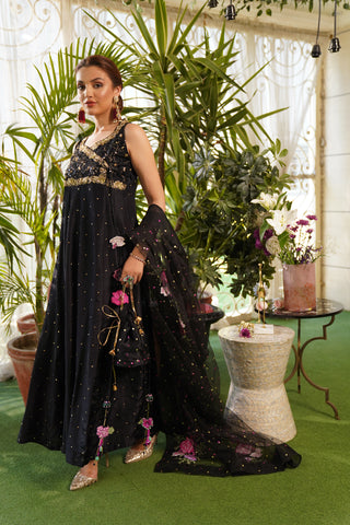 Pakistani Black Embroidered Pure Raw Silk Angrakha Dress (3-Piece) - Image 4