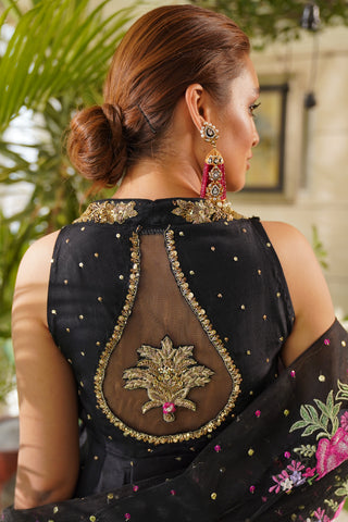 Pakistani Black Embroidered Pure Raw Silk Angrakha Dress (3-Piece) - Image 6